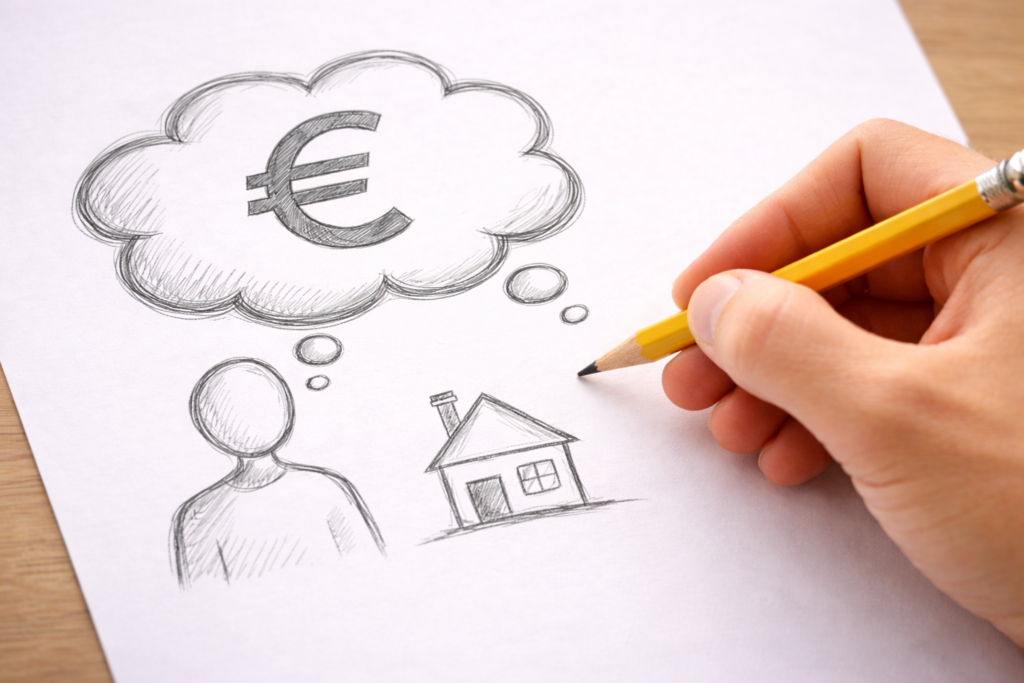 Tekening persoon die nadenkt over verkoopprijs huis - verkoopmakelaar